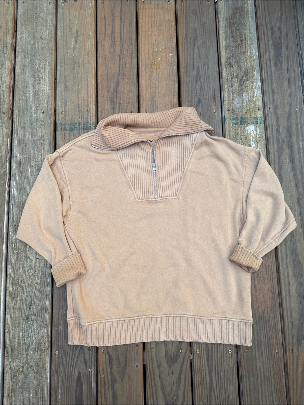 aerie Tan Down To Earth Ribbed Quarter-Zip Turtleneck Sweater Medium